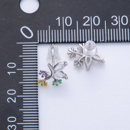 Rhodium Plated 15mm CZ Enamel Butterfly Wing Flower Stud | Earrings-00229