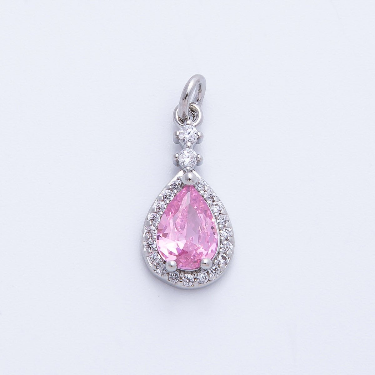 Rhodium Plated 16mm Pink, Green Micro Paved CZ Teardrop Charm | Charms-00350 Charms-00351