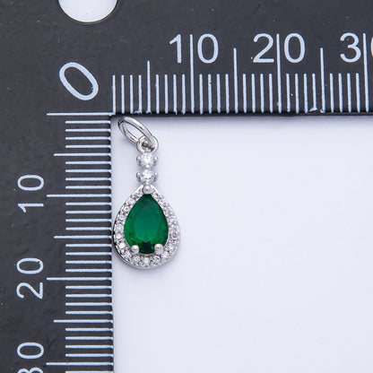 Rhodium Plated 16mm Pink, Green Micro Paved CZ Teardrop Charm | Charms-00350 Charms-00351