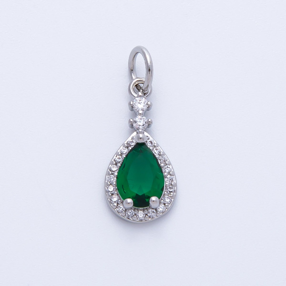 Rhodium Plated 16mm Pink, Green Micro Paved CZ Teardrop Charm | Charms-00350 Charms-00351
