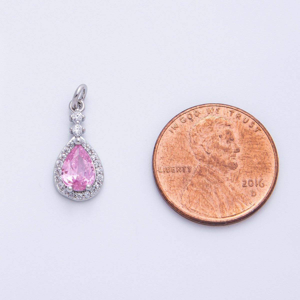 Rhodium Plated 16mm Pink, Green Micro Paved CZ Teardrop Charm | Charms-00350 Charms-00351