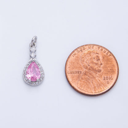 Rhodium Plated 16mm Pink, Green Micro Paved CZ Teardrop Charm | Charms-00350 Charms-00351