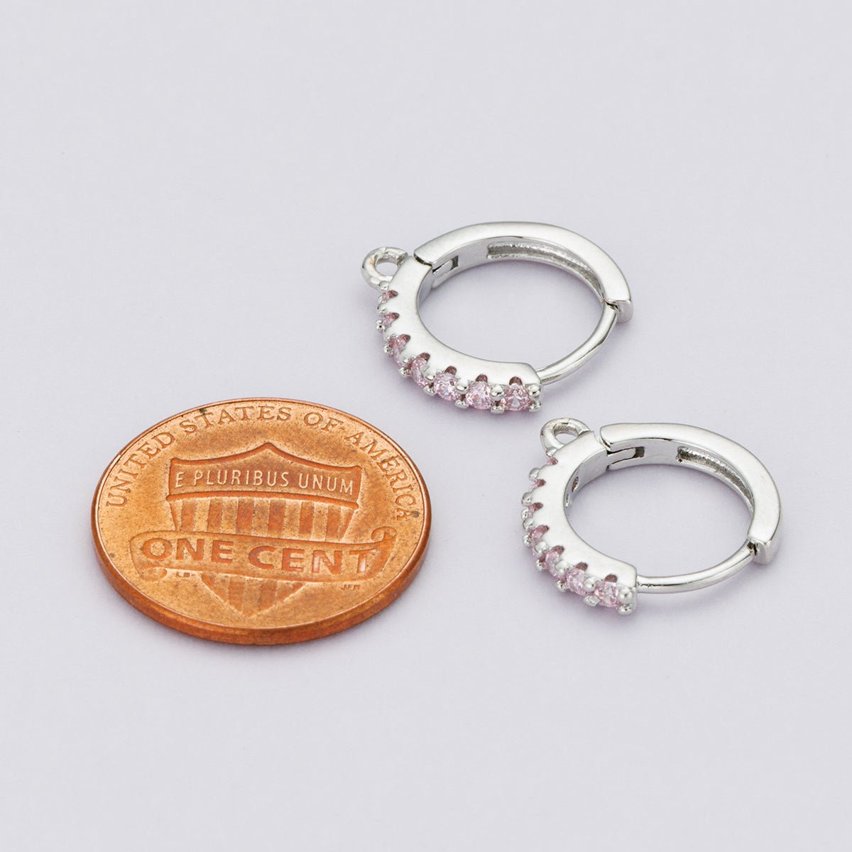 Rhodium Plated 16mm Pink, Turquoise Micro Paved CZ Open Loop Drop Huggie Earrings | Findings-00085 Findings-00086