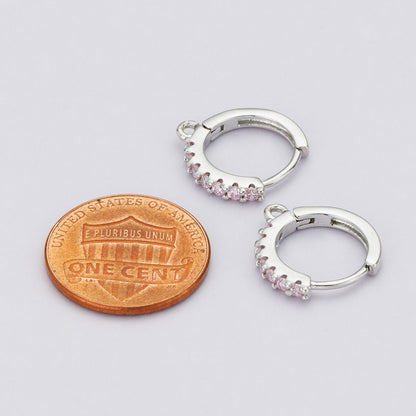 Rhodium Plated 16mm Pink, Turquoise Micro Paved CZ Open Loop Drop Huggie Earrings | Findings-00085 Findings-00086