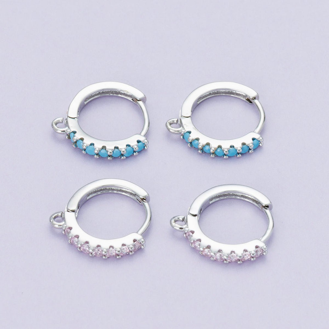 Rhodium Plated 16mm Pink, Turquoise Micro Paved CZ Open Loop Drop Huggie Earrings | Findings-00085 Findings-00086