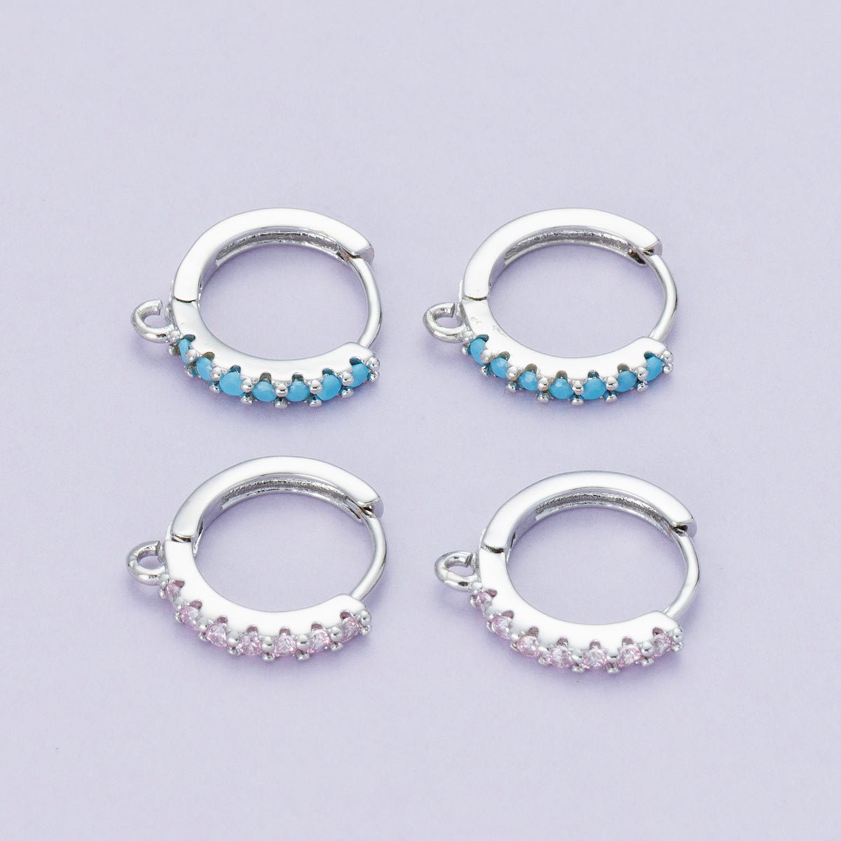 Rhodium Plated 16mm Pink, Turquoise Micro Paved CZ Open Loop Drop Huggie Earrings | Findings-00085 Findings-00086