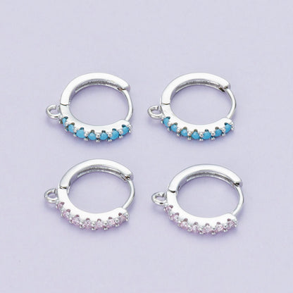 Rhodium Plated 16mm Pink, Turquoise Micro Paved CZ Open Loop Drop Huggie Earrings | Findings-00085 Findings-00086