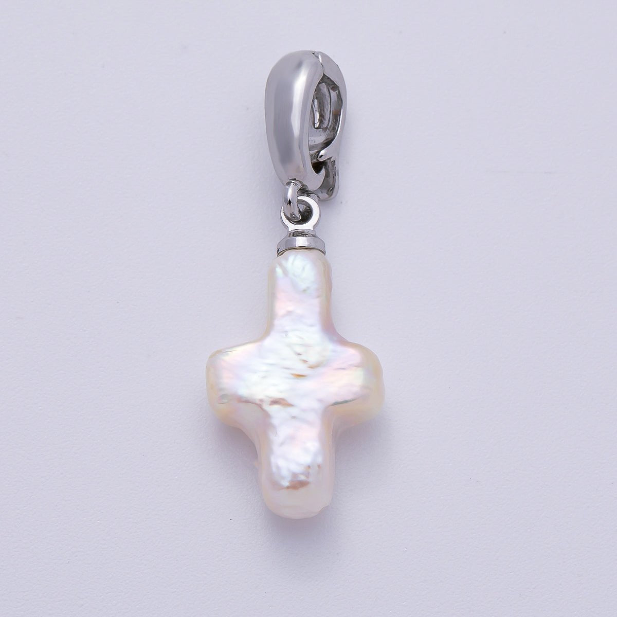Rhodium Plated 18mm White Freshwater Pearl Religious Cross Pendant | Charms-00475