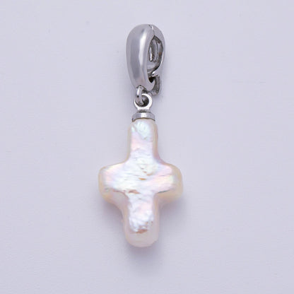 Rhodium Plated 18mm White Freshwater Pearl Religious Cross Pendant | Charms-00475