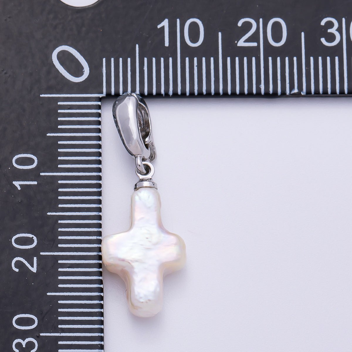 Rhodium Plated 18mm White Freshwater Pearl Religious Cross Pendant | Charms-00475