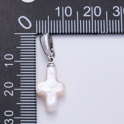Rhodium Plated 18mm White Freshwater Pearl Religious Cross Pendant | Charms-00475