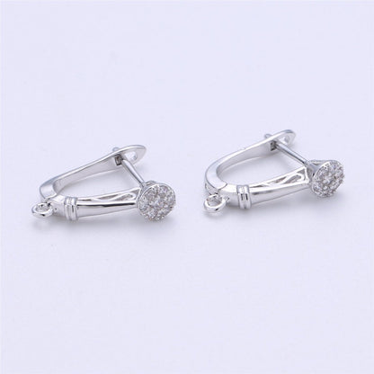 Rhodium Plated 20mm Round Clear CZ English Lock Earrings Open Loop Findings Supply | K284