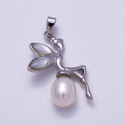 Rhodium Plated 26mm Shell Pearl Fairy Elf Pendant | Charms-00646