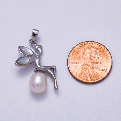 Rhodium Plated 26mm Shell Pearl Fairy Elf Pendant | Charms-00646