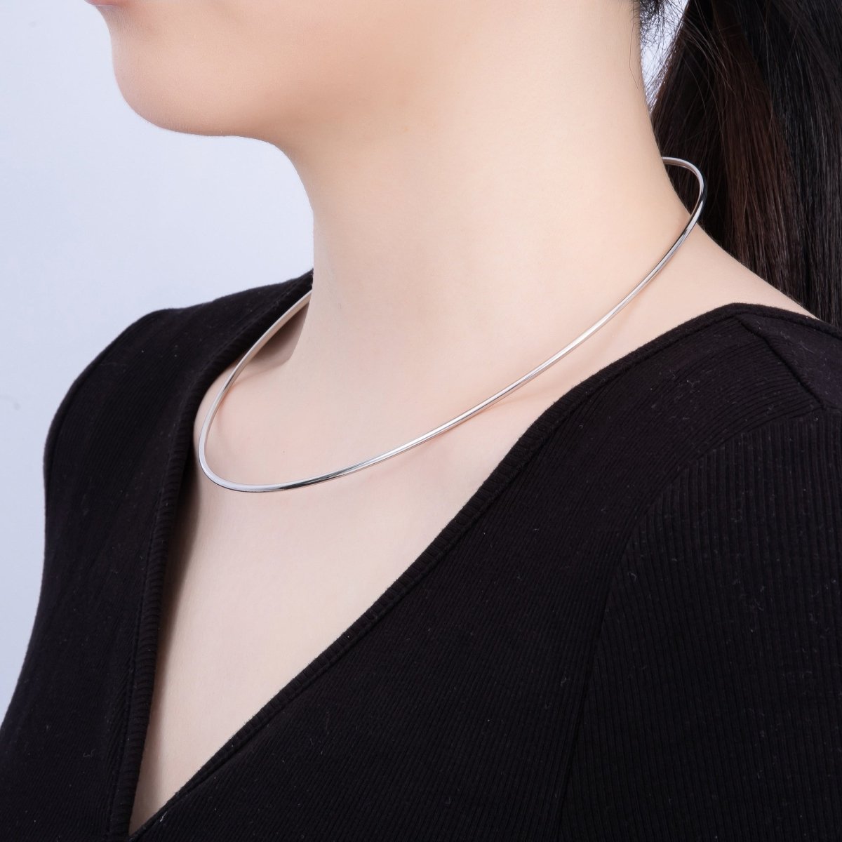 Rhodium Plated 2mm Minimalist Torque Cuff Collar Necklace with open beaded ball | WA-04303