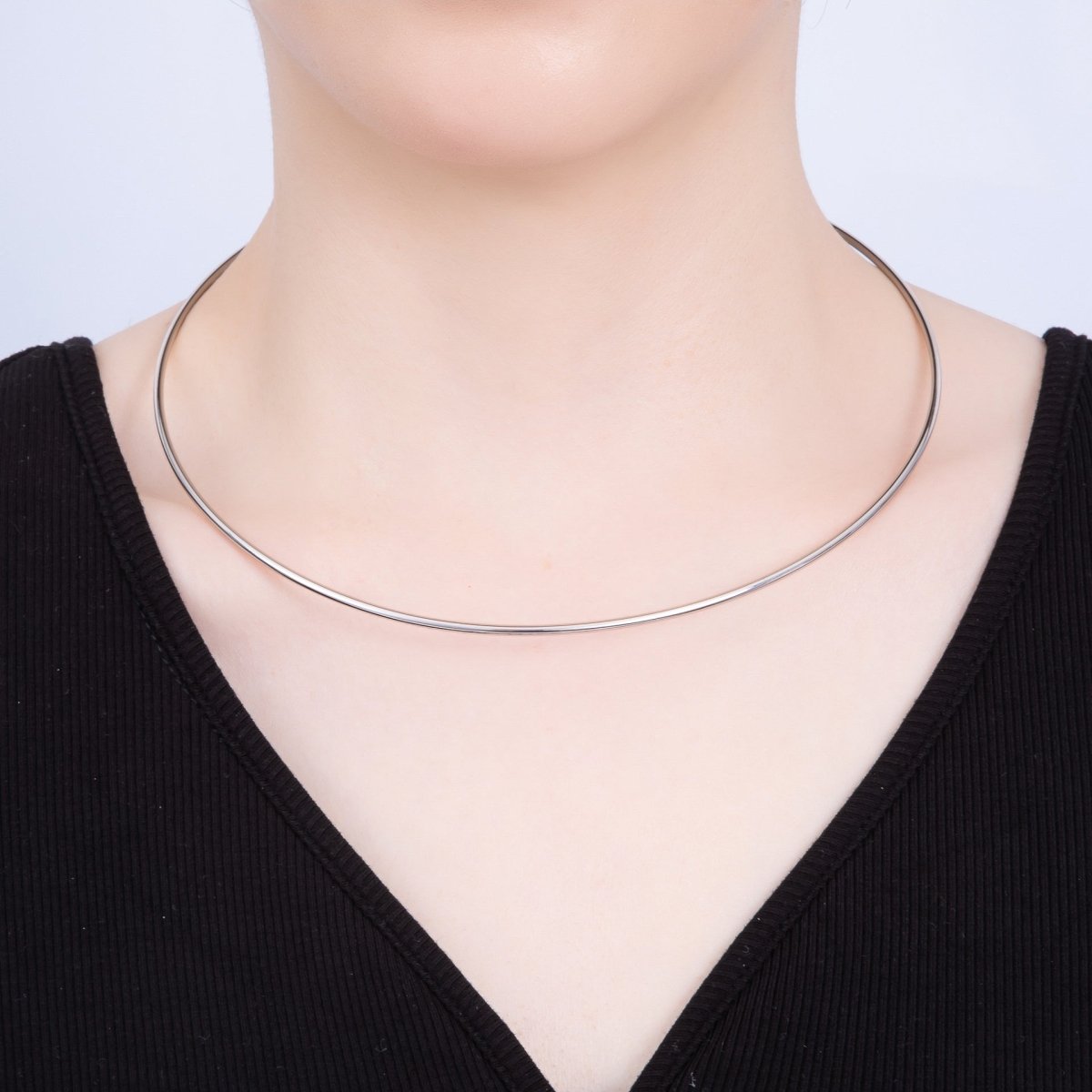 Rhodium Plated 2mm Minimalist Torque Cuff Collar Necklace with open beaded ball | WA-04303