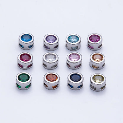 Rhodium Plated 8mm Round Bezel Birthstone Spacer Bead Set | Beads-00290 ~ Beads-00301
