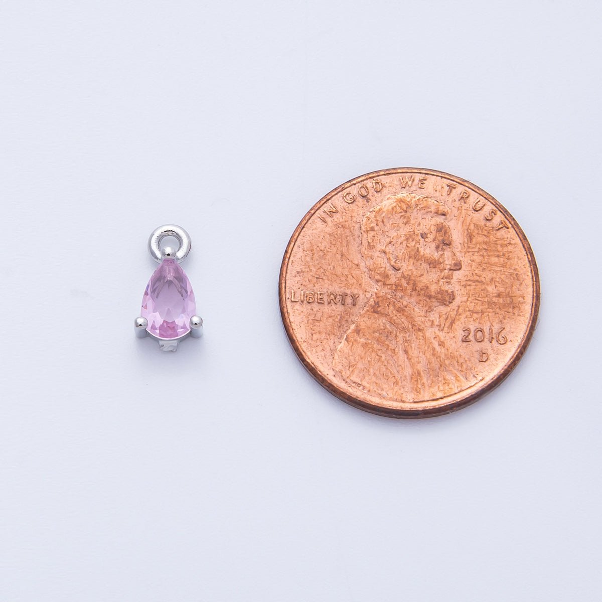 Rhodium Plated 9mm Pink CZ Teardrop Birthstone Mini Charm | Charms-00409