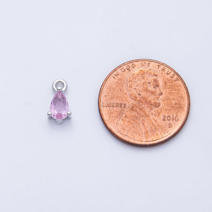 Rhodium Plated 9mm Pink CZ Teardrop Birthstone Mini Charm | Charms-00409