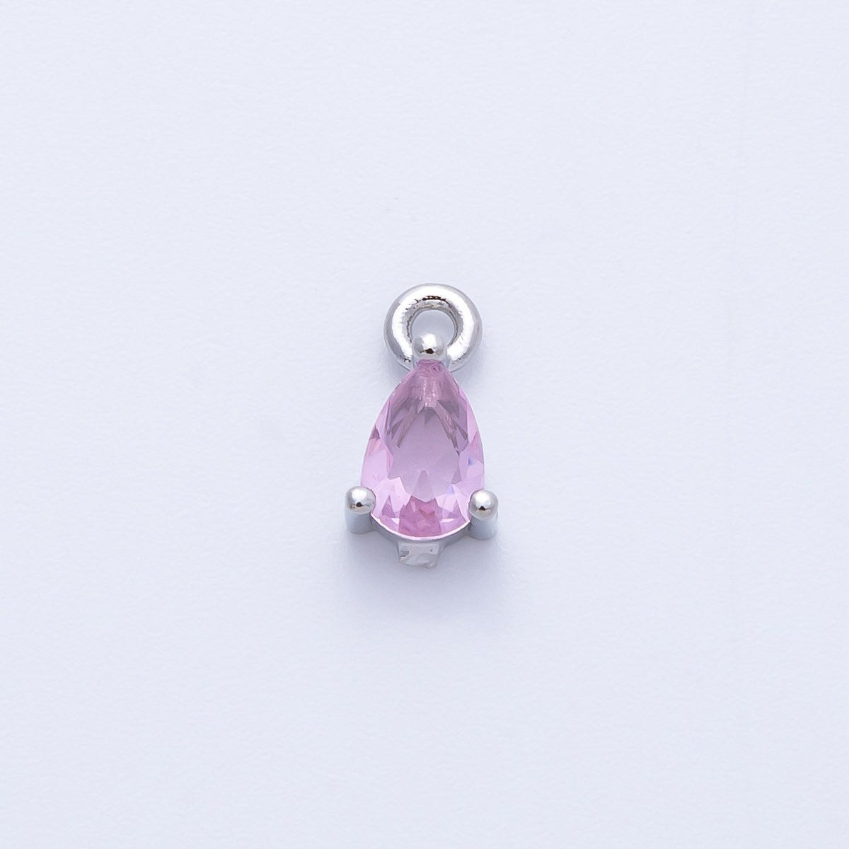 Rhodium Plated 9mm Pink CZ Teardrop Birthstone Mini Charm | Charms-00409