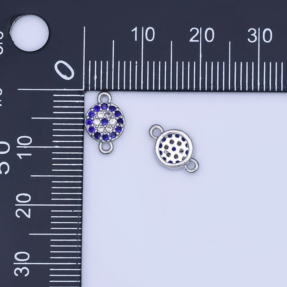 Rhodium Plated Blue Micro Paved CZ Evil Eye 7mm Round Mini Connector | Y029
