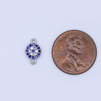 Rhodium Plated Blue Micro Paved CZ Evil Eye 7mm Round Mini Connector | Y029