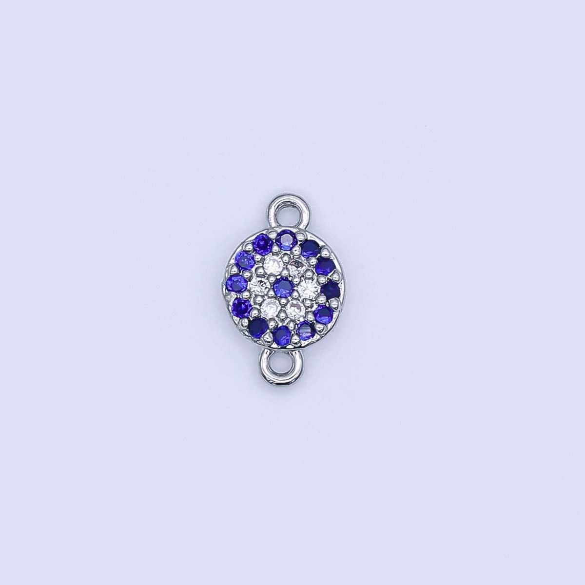 Rhodium Plated Blue Micro Paved CZ Evil Eye 7mm Round Mini Connector | Y029