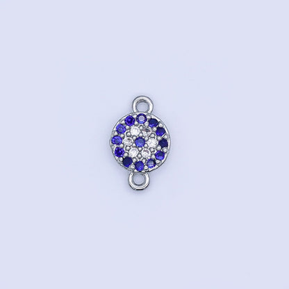 Rhodium Plated Blue Micro Paved CZ Evil Eye 7mm Round Mini Connector | Y029