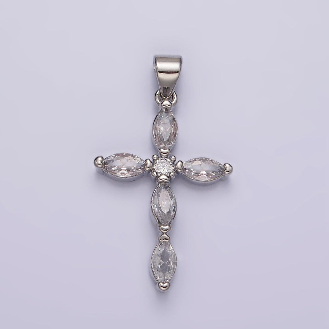 Rhodium Plated Clear Marquise Lined Religious Cross Pendant | AA1103