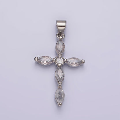 Rhodium Plated Clear Marquise Lined Religious Cross Pendant | AA1103