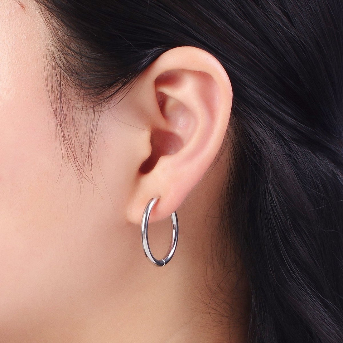 Rhodium Plated Endless Huggie Hoop Minimalist Hypoallergenic Earrings | AE-1035~AE-1039 P-035 P-112 AD-073 P-218