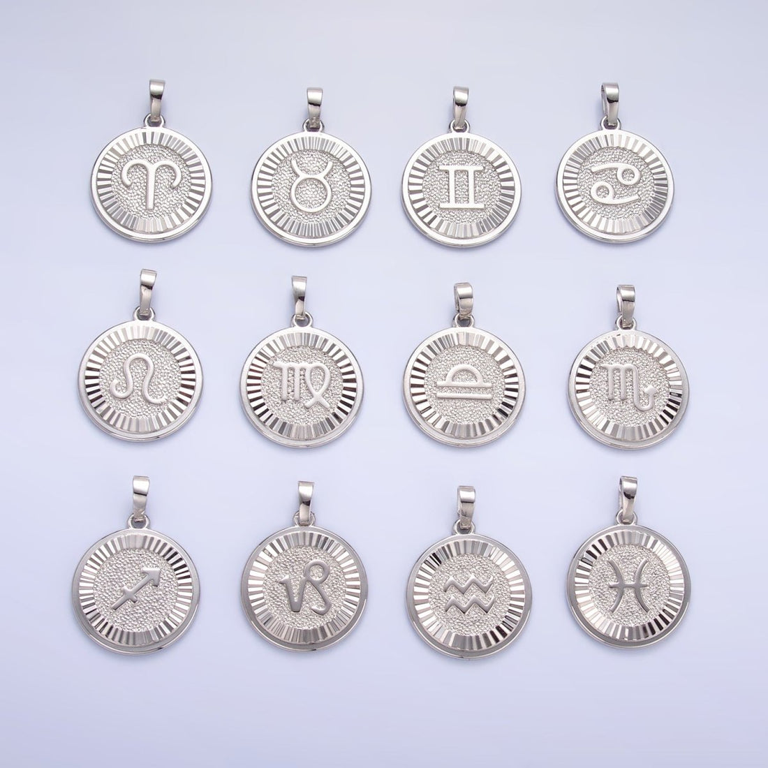 Rhodium Plated Zodiac Sign Sunburst Round Pendant | A1301 - A1306