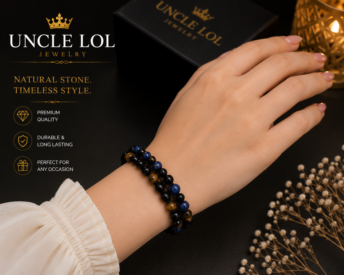 Triple-Layer Natural Stone Beaded Bracelet – Tiger Eye, Blue Tiger Eye &amp; Black Onyx | Adjustable Unisex Bracelet