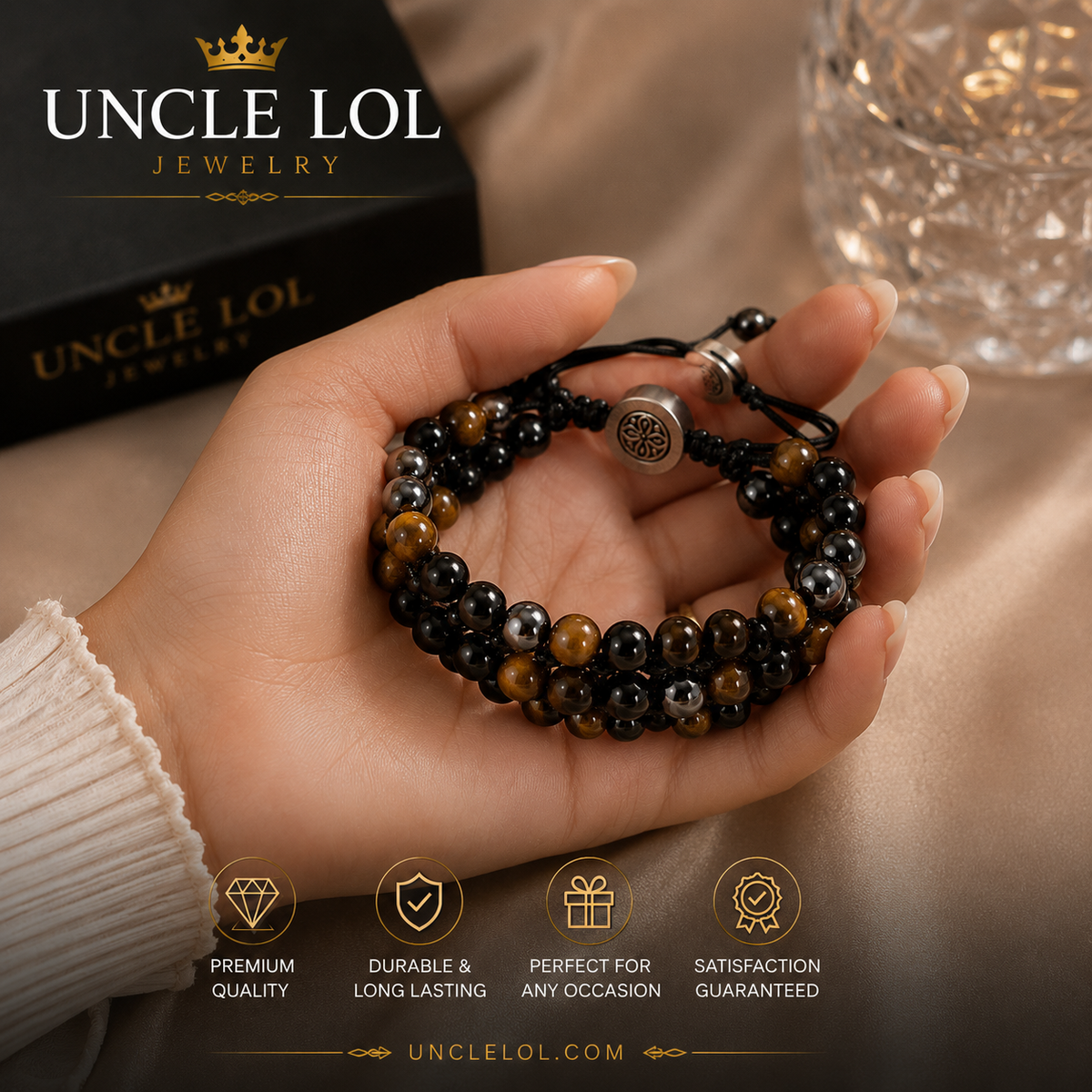 Triple-Layer Tiger Eye &amp; Hematite Beaded Bracelet – Adjustable Natural Stone Bracelet for Men &amp; Women