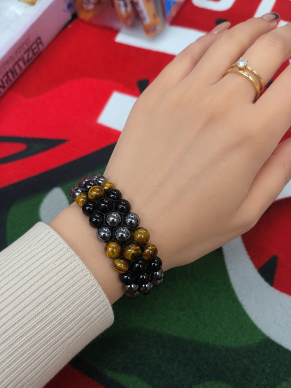 Triple-Layer Tiger Eye &amp; Hematite Beaded Bracelet – Adjustable Natural Stone Bracelet for Men &amp; Women
