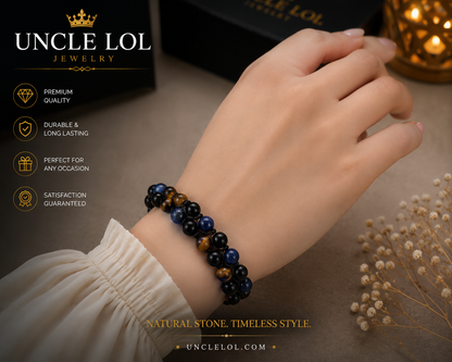 Triple-Layer Natural Stone Beaded Bracelet – Tiger Eye, Blue Tiger Eye &amp; Black Onyx | Adjustable Unisex Bracelet