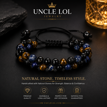 Triple-Layer Natural Stone Beaded Bracelet – Tiger Eye, Blue Tiger Eye &amp; Black Onyx | Adjustable Unisex Bracelet