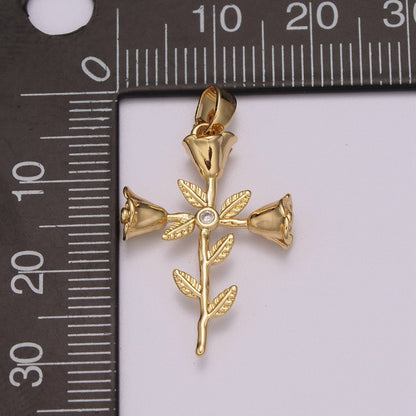 Rose Flowers and Leaves Crucifix Cross Charm 18K Gold Filled Pendant for Necklace Bracelet Earring N-1426