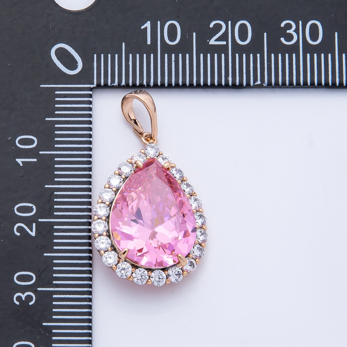 Rose Gold 23.5mm Pink Micro Paved CZ Teardrop Pendant | Charms-00374