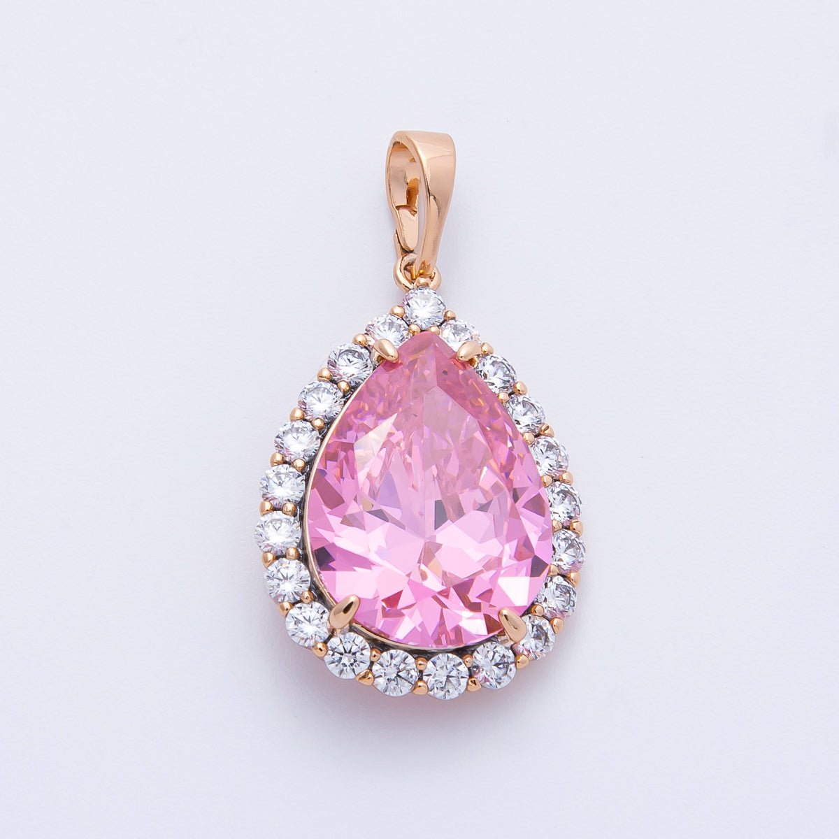 Rose Gold 23.5mm Pink Micro Paved CZ Teardrop Pendant | Charms-00374
