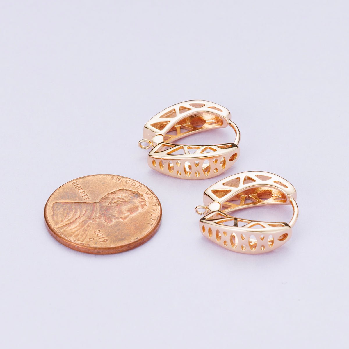 Rose Gold Filled 15mm Geometric Filigree Open Drop Huggie Earrings | Findings-00082