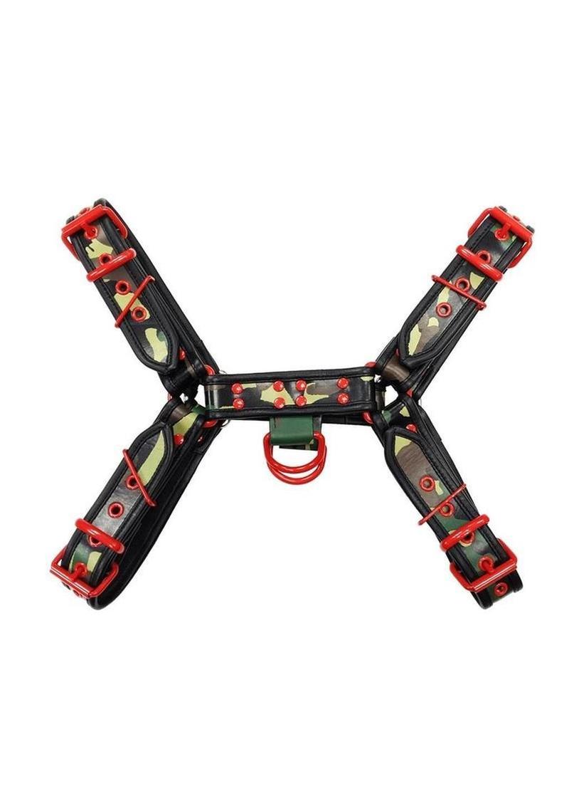 Rouge Camo Leather Body Harness with Red Hardware Adjustable Fit