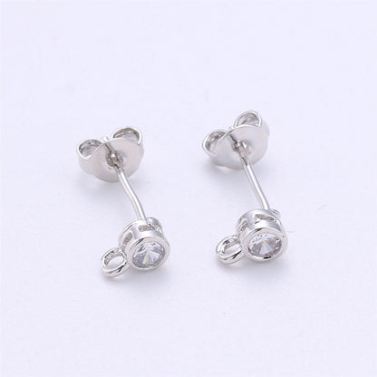 Round Circle CZ Earring Post w/ Open link, Nickel free 15x6mm 14K gold Filled brass, Nickel free Earring Making Post Findings Supply, K-326