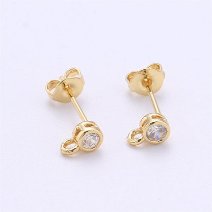Round Circle CZ Earring Post w/ Open link, Nickel free 15x6mm 14K gold Filled brass, Nickel free Earring Making Post Findings Supply, K-326