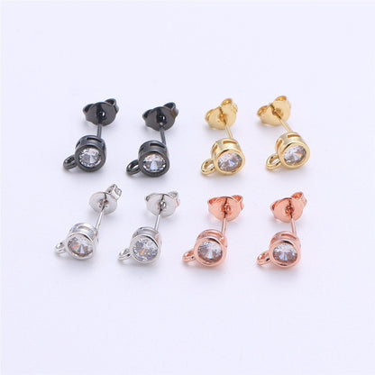 Round Cubic / 14K Gold Filled Earring with CZ Stud Earring 4mm Diameter with open link for charm K-323 K-324