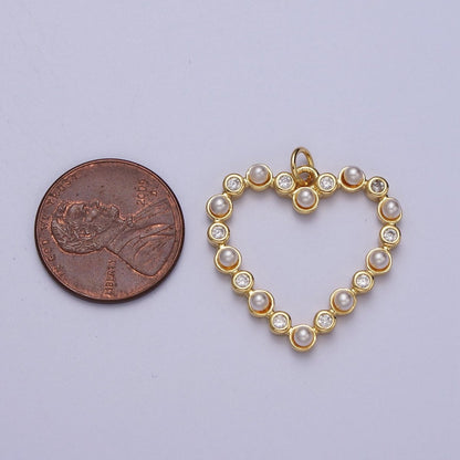 Round Pearl Clear CZ Lined Open Heart Charm E-446