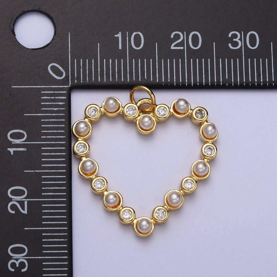 Round Pearl Clear CZ Lined Open Heart Charm E-446