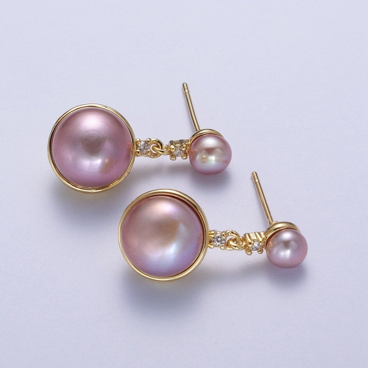 Round White / Purple Shell Pearl Dangle Drop Stud Cubic Zirconia Gold Earrings | AD-037 AD-038