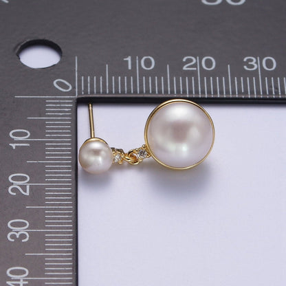Round White / Purple Shell Pearl Dangle Drop Stud Cubic Zirconia Gold Earrings | AD-037 AD-038