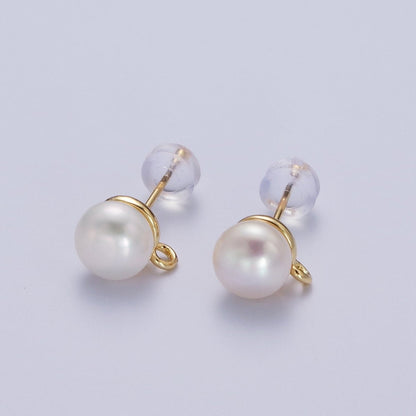 Round White Shell Pearl Gold Stud With Loop Earrings Supply Open Link Stud For Jewelry Making | K-063